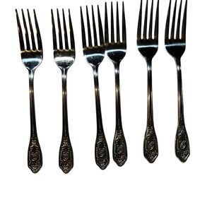 Set of 6 CUSTOM CRAFT Silver Tone Ornate Dinner Forks Elegant Tableware Kitchen